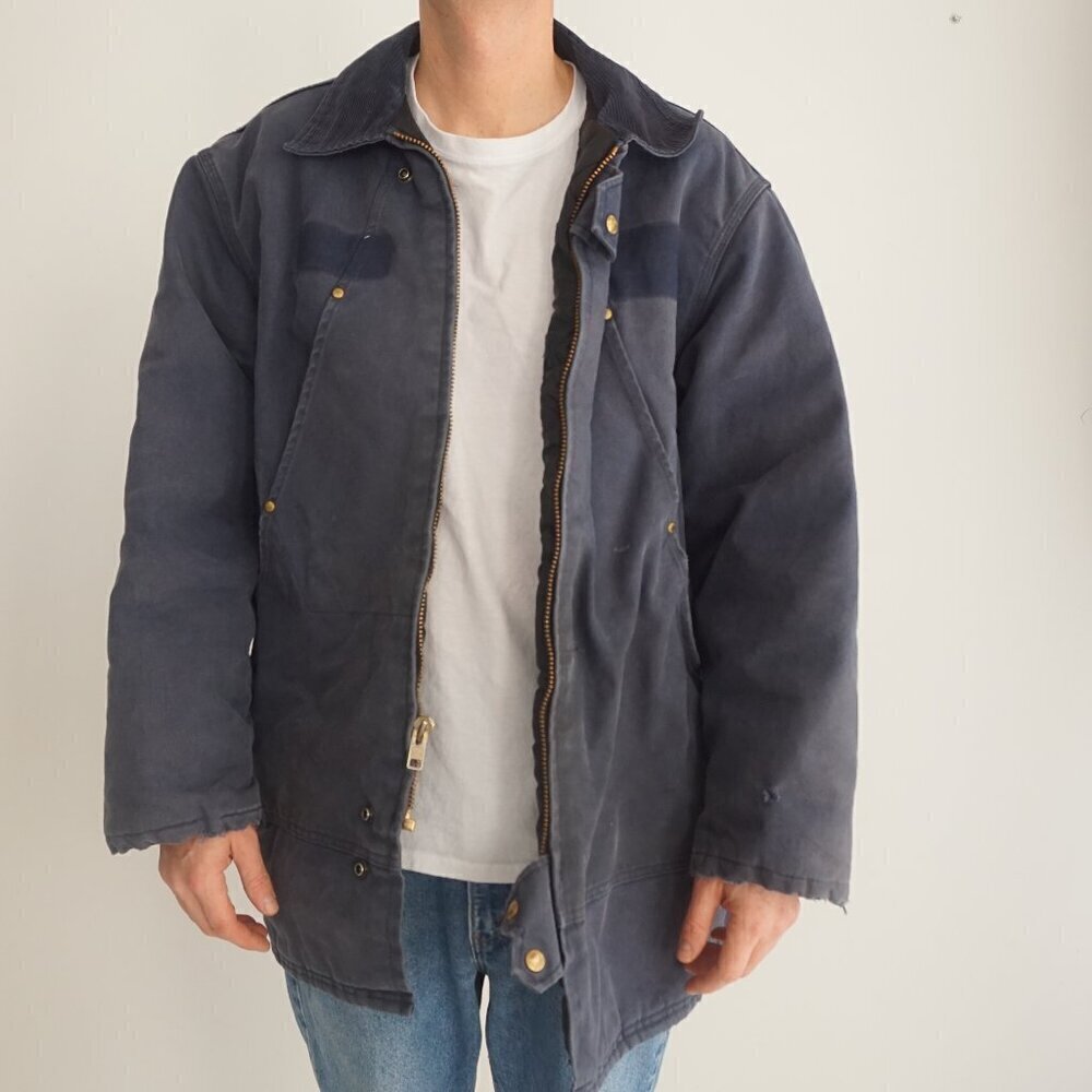 Vtg Tough Duck Navy Detroit Style Canvas Quilt Lined Corduroy Collar Jacket XL